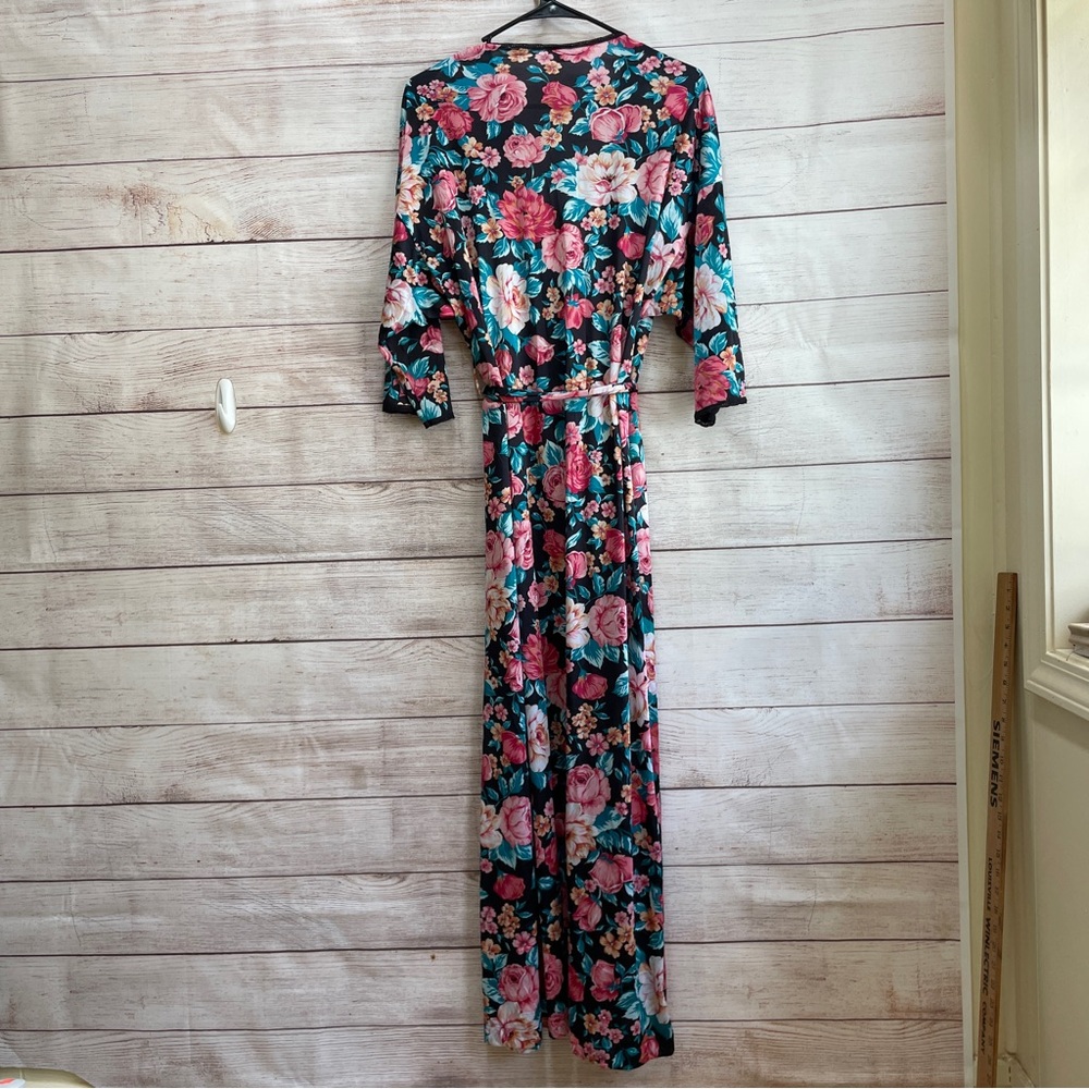 VINTAGE VANITY FAIR FLORAL LONG GOWN AND ROBE SET WITH BLACK LACE YTIM - Picture 9 of 12